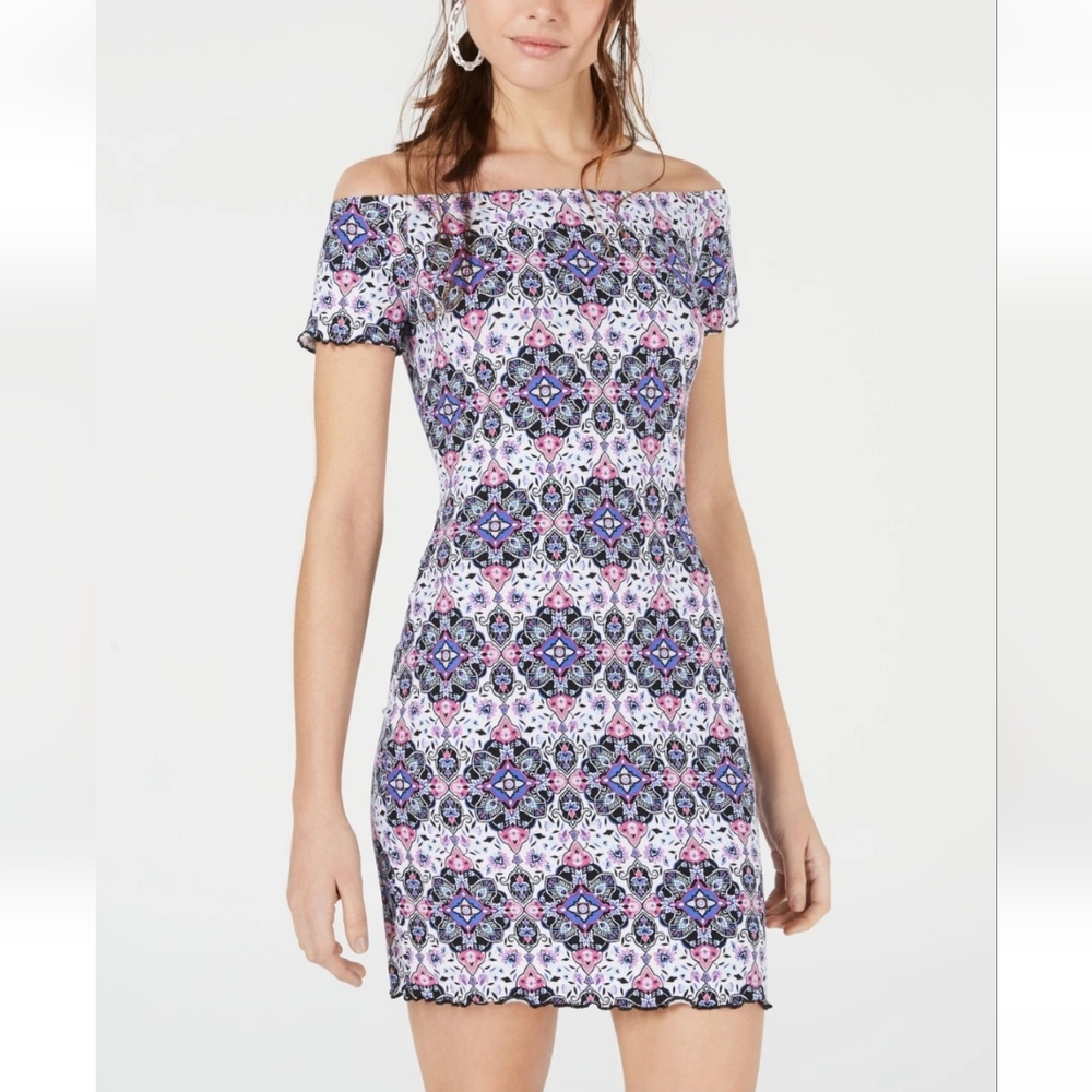 ULTRA FLIRT Off Shoulder Ruffle Hem Mini Dress Purple Pink Paisley Size M